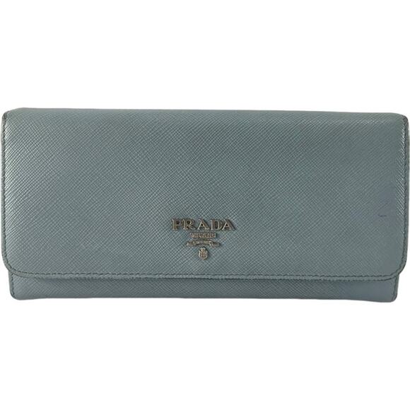 Prada‎ Blue Lago Saffiano Metal Leather Continental Flap Wallet